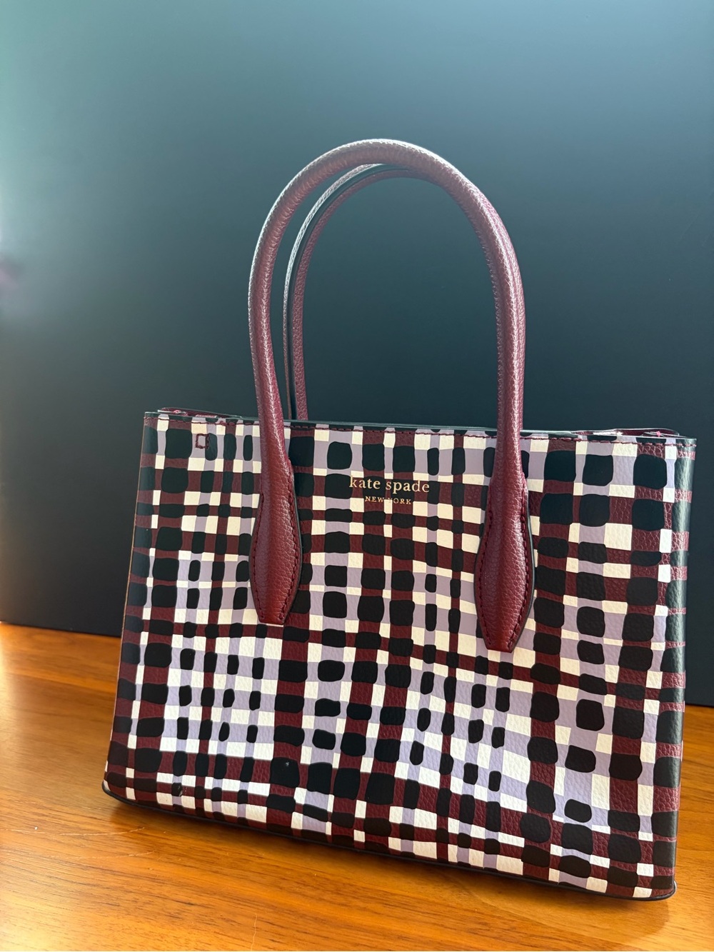 Kate Spade Manhattan Small Tote Plaid Burgundy Lavender Black Crossbody Strap